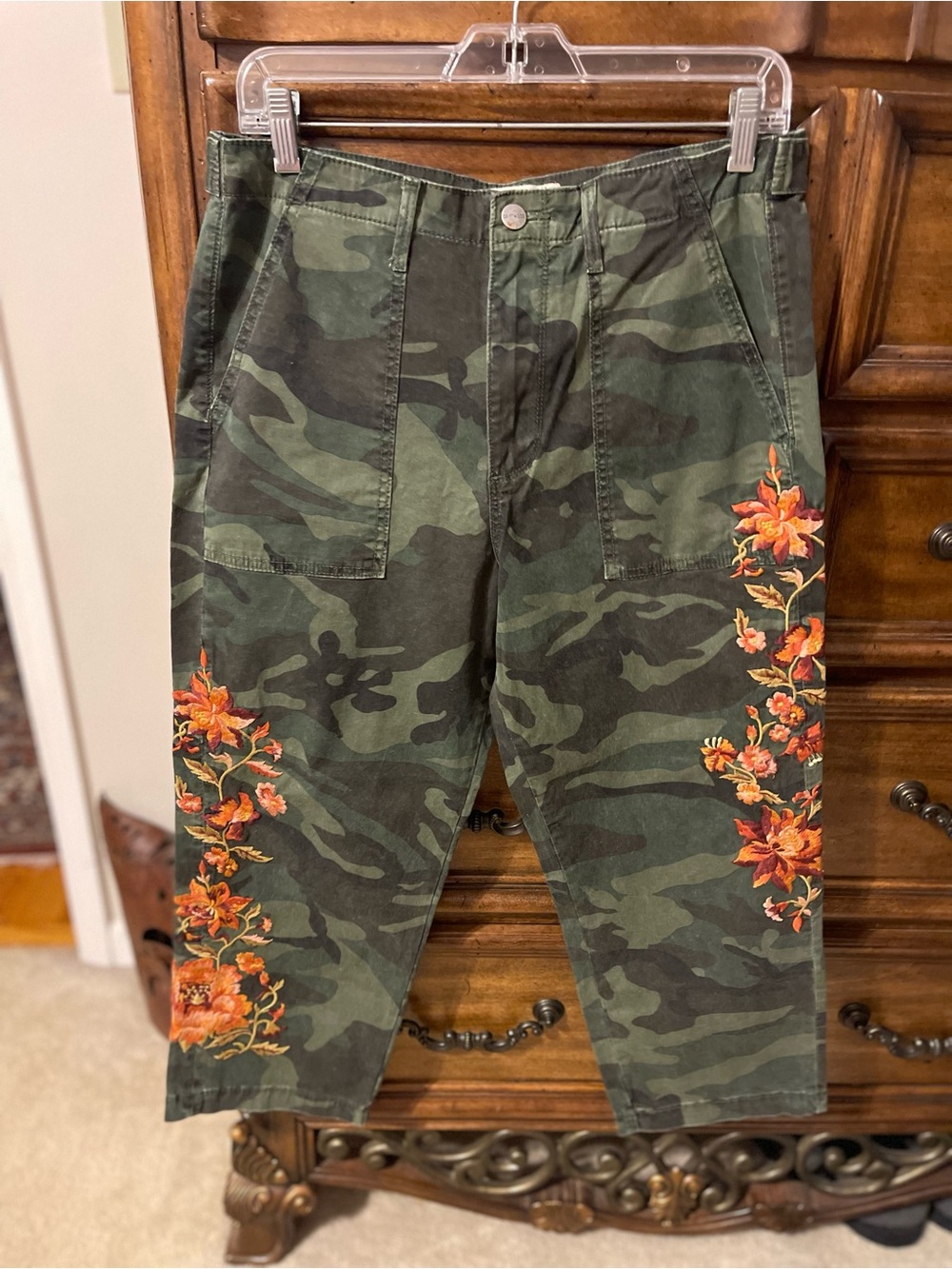 DRIFTWOOD Green Camouflage Cropped Cargo Pants with Orange Floral Embroidery